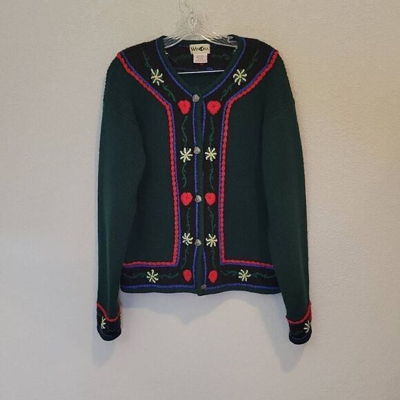 VINTAGE WINONA HAND EMBROIDERED WOOL CARDIGAN SIZE M GREEN RED - Picture 1 of 6
